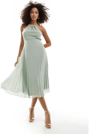 ASOS Pleated chiffon midi dress with halter neck in sage