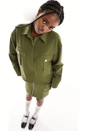 Extro & Vert Khaki collared zip up utility jacket co-ord in khaki