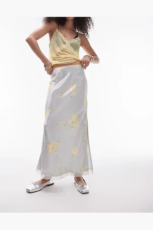 Topshop Satin lace trim midi skirt in grey and yellow rose