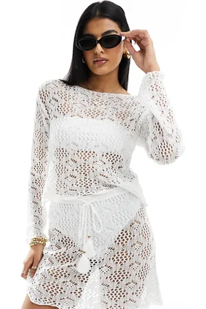 Miss Selfridge Crochet long sleeve slouchy top in cream