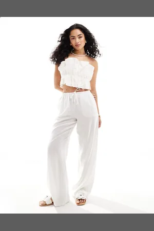 Bershka Tie waist wide leg linen trousers in