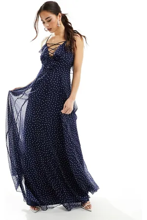ASOS Lace up ruffle cami maxi dress with godet in navy micro spot