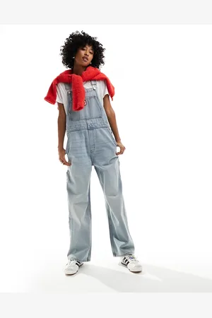 Monki Denim dungarees with strawberry embriodery in tinted dirty wash