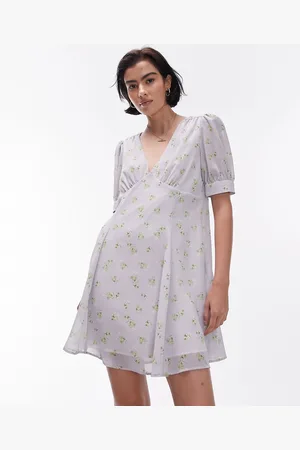 Topshop Scoop neck vintage floral mini tea dress in washed blue floral