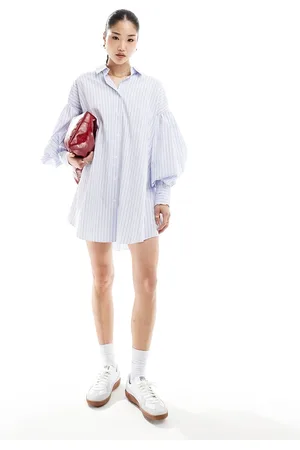 ASOS Boyfriend shirt mini dress with blouson sleeve in blue stripe