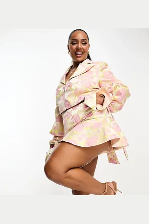 ASOS Curve jacquard high waist flippy short with bow back detail in pink floral