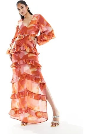 Pretty Lavish Cut-out ruffle maxi dress in abstract watercolour