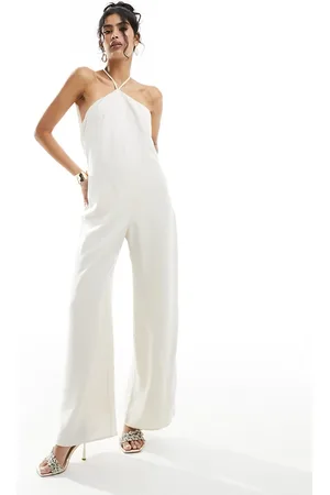 Pretty Lavish Halterneck wide leg satin jumpsuit in oyster