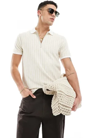ASOS Smart polo shirt in textured beige stripe with zip