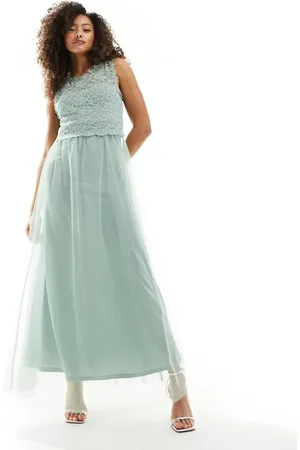 VILA Bridesmaid lace and tulle maxi dress in sage