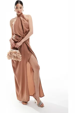 ASOS Halter neck satin maxi dress with twist front in mocha