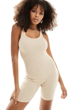 ASOS Scoop ribbed unitard playsuit in stone