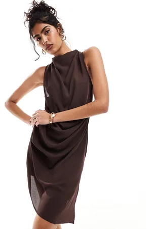 ASOS Cowl neck drape asymmetric midi dress in chocolate