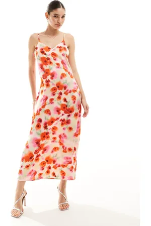 VILA Satin maxi cami dress in poppy floral print