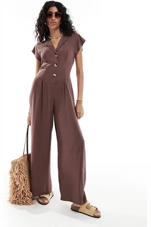 ASOS Collared linen button through jumpsuit in chocolate