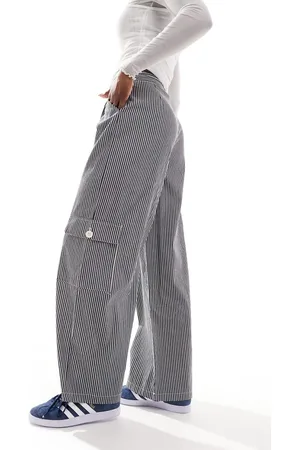 Reclaimed Wide leg cargo trouser in dark grey pinstripe