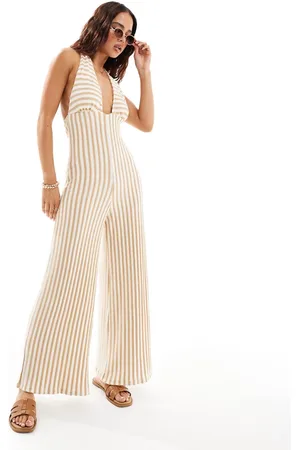 ASOS Halter neck crochet wide leg jumpsuit in neutral stripe