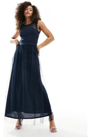 VILA Bridesmaid lace and tulle maxi dress in navy