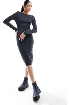 Miss Selfridge Seamless rib midi long sleeve dress in washed charcoal