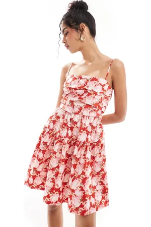 & OTHER STORIES Babydoll mini dress with pleated bodice in red floral print
