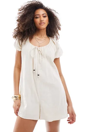 ASOS Short sleeve romper playsuit with bead detailing in beige