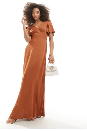 Maids to Measure Bridesmaid flutter sleeve maxi dress in burnt