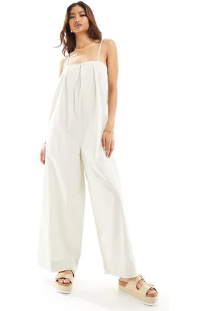 ASOS Pleated square neck wide leg jumpsuit in stone