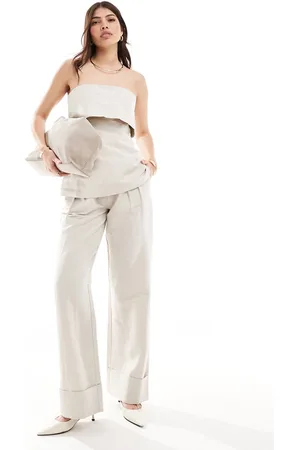 Pretty Lavish Linen blend wide leg trouser co-ord in stone