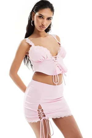 Missyempire Tie up plunge lace trim corset top co-ord in baby