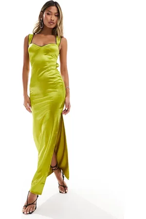 ASOS Strappy sweet heart neckline midi dress with contrast trim in olive