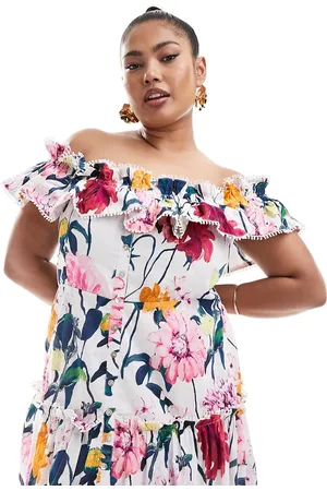 HOPE & IVY Off shoulder maxi dress with shirred detail in bright floral