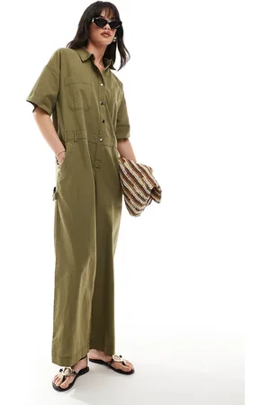 ASOS Linen look boilersuit with contrast stitch in khaki