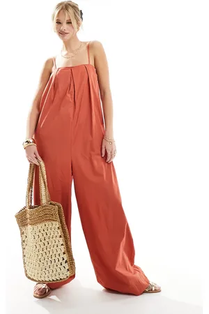 ASOS Pleated square neck wide leg jumpsuit in burnt