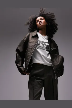 Topshop Premium washed real leather jacket in