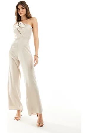 TFNC Bridesmaid satin one shoulder jumpsuit in champagne
