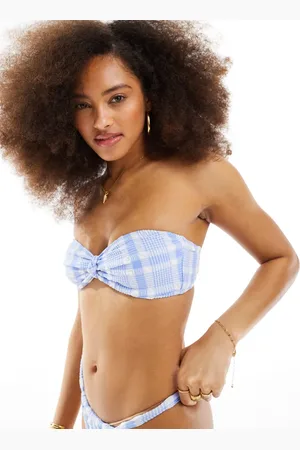Miss Selfridge Textured check bandeau bikini top in blue