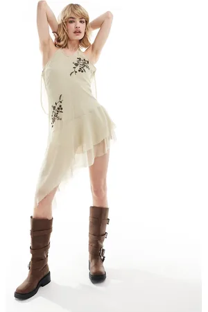 COLLUSION Embroidered chiffon asymmetric mini dress in stone