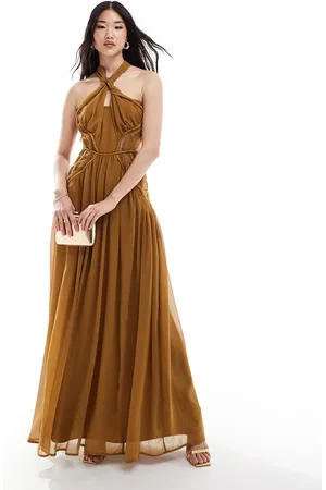 ASOS Halter ruched maxi dress with lace insert and cut out in