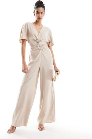 ASOS Ruched front cut out back jumpsuit in beige