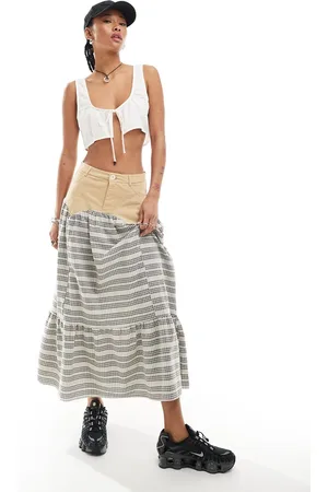 Daisy Street Mixed midi prairie skirt in check
