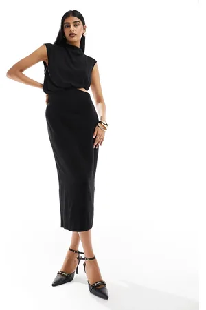 ASOS Linen sleeveless midi dress with cut out waist detail in