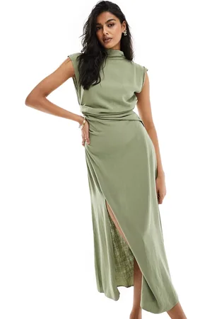 ASOS Linen high neck grown on sleeve midi dress with open back and button neck detail in khaki