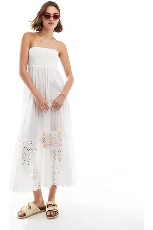 New Look Shirred bandeau broderie maxi dress in