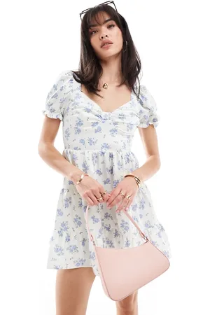 Miss Selfridge Satin lace back ruffle hem mini dress in ditsy print