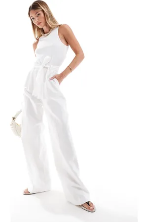 MANGO Linen mix tie waist jumpsuit in