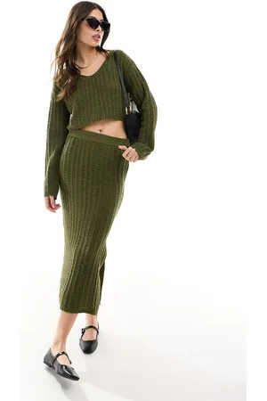 ASOS Knitted v neck crop jumper in open stitch co-ord in khaki