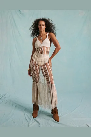 Miss Selfridge Premium beach crochet midi dress in cream