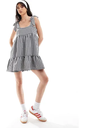 Miss Selfridge Tiered gingham mini dress with tie shoulders