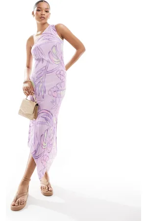 VERO MODA One shoulder plisse maxi dresss in pastel palm print