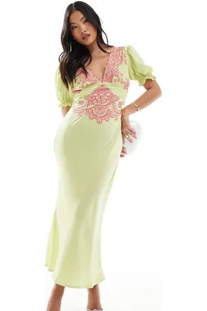 ASOS ASOS DESIGN Petite embroidered satin midi tea dress in green with pink embroidery